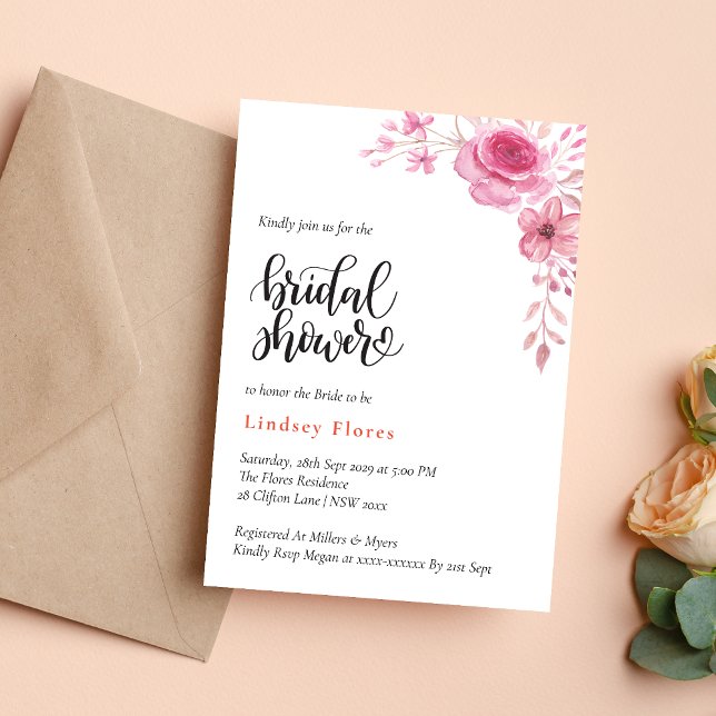 Elegant Pink Flowers and Greenery Bridal Shower Invitation (Creator Uploaded)