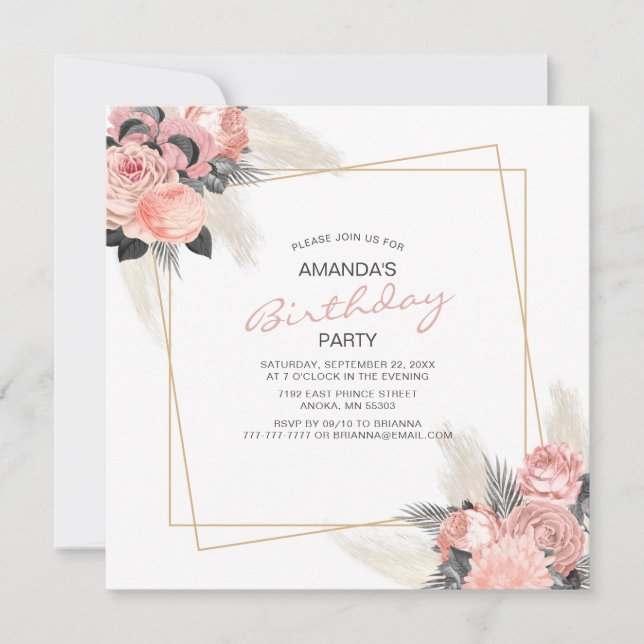 Elegant Pink Flowers And Ivory Pampas Birthday Inv Invitation (Front)