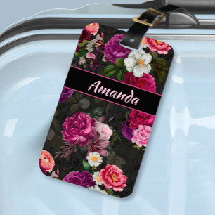 Elegant pink flowers and roses black floral luggage tag