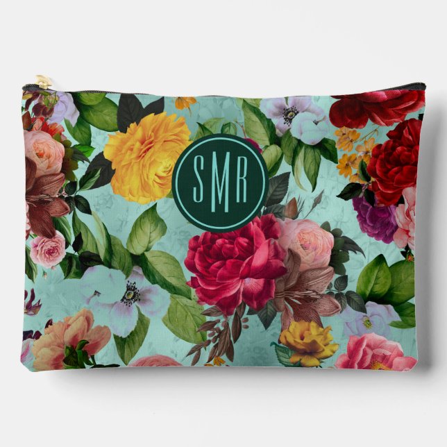 Elegant pink flowers aqua pattern monogram accessory pouch (Front)