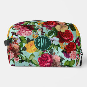 Elegant pink flowers aqua pattern monogram dopp kit