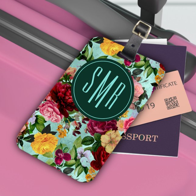 Elegant pink flowers aqua pattern monogram luggage tag (Creator Uploaded)