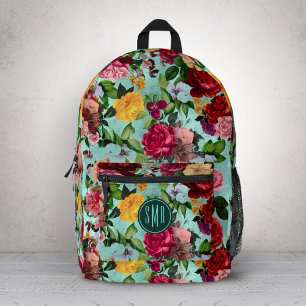 Elegant pink flowers aqua pattern monogram printed backpack