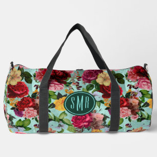 Elegant pink flowers aqua pattern monogram printed duffle bag