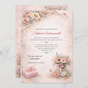 Elegant Pink Flowers Birthday Party Invitation