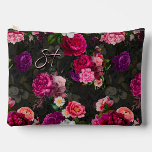 Elegant pink flowers black monogram accessory pouch