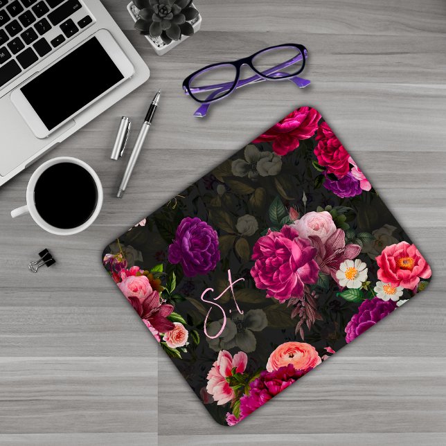 Elegant pink flowers black monogram mouse mat (Creator Uploaded)