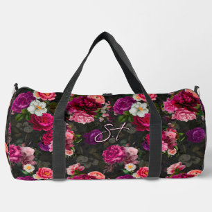 Elegant pink flowers black monogram printed sling duffle bag