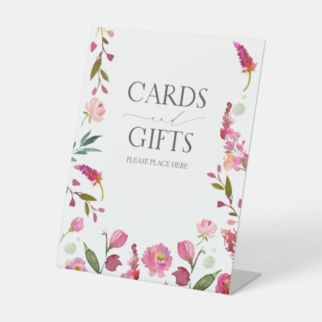 Elegant Pink Flowers Bridal Shower Cards & Gifts Pedestal Sign (Front)