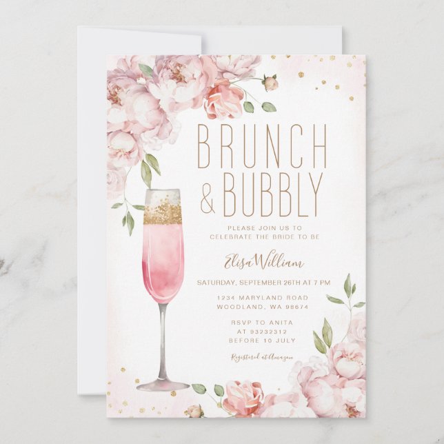 Elegant Pink Flowers Brunch & Bubbly Bridal Shower Invitation (Front)