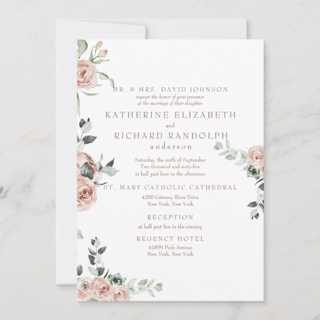 Elegant Pink Flowers Eucalyptus 2 Venue Wedding Invitation (Front)