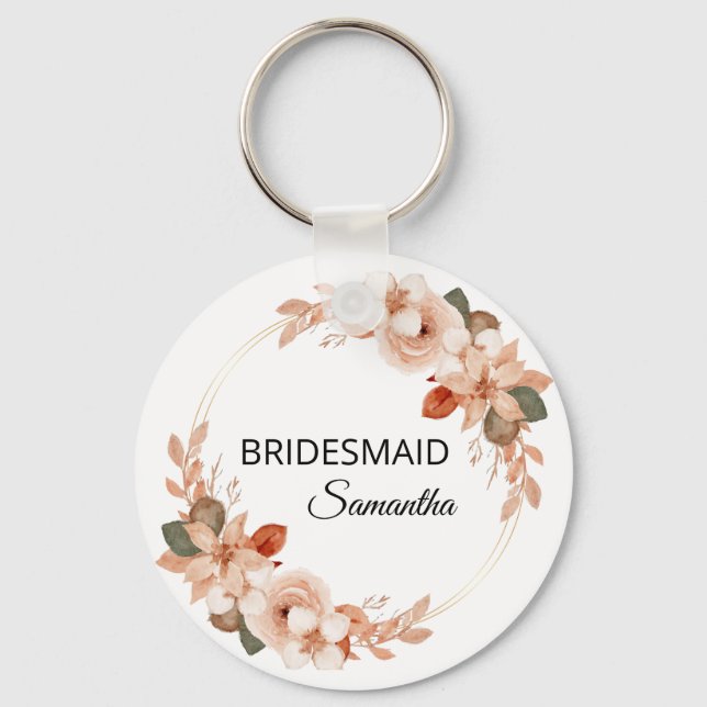 Elegant Pink Flowers Floral Custom name Bridesmaid Key Ring (Front)