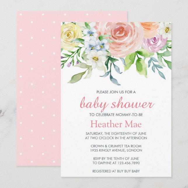 Elegant Pink Flowers Floral Girl Baby Shower Invitation (Front/Back)