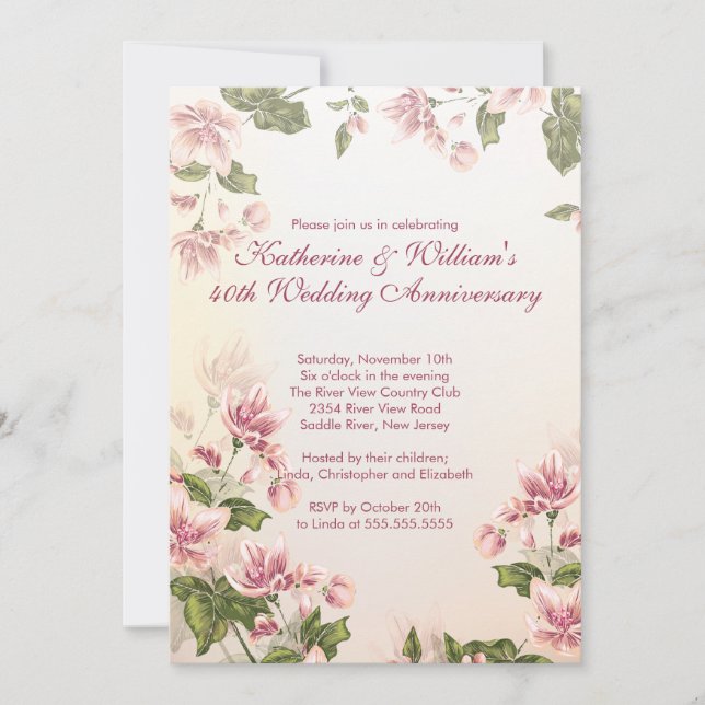 Elegant Pink Flowers Floral Wedding Anniversary Invitation (Front)