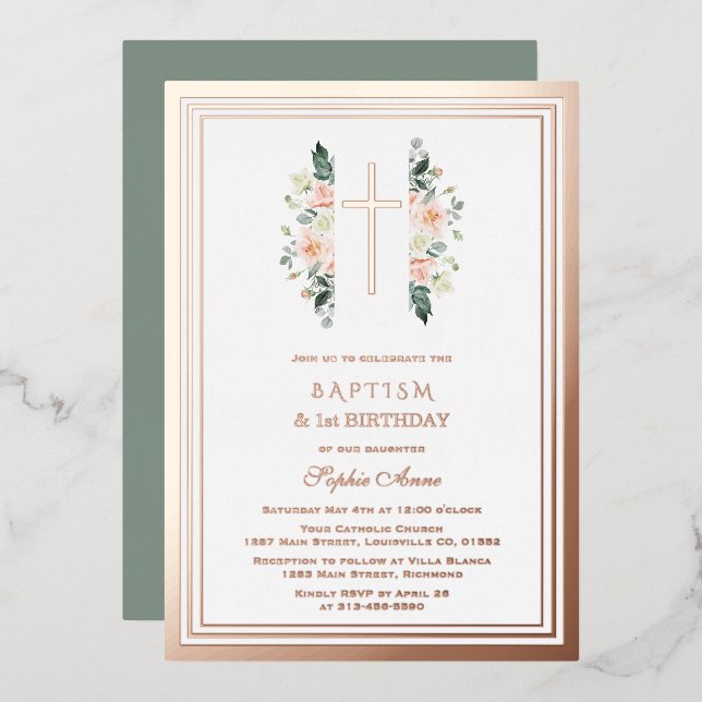 Elegant Pink Flowers Girl 1st Birthday Baptism (Front/Back)