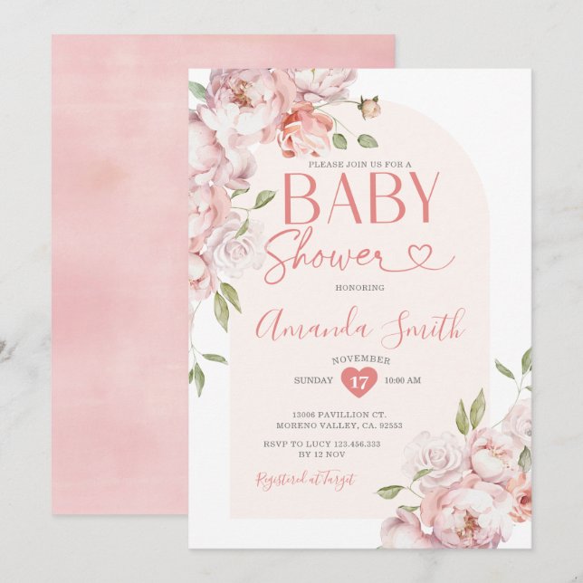 Elegant Pink Flowers Girl Baby Shower Greenery  Invitation (Front/Back)