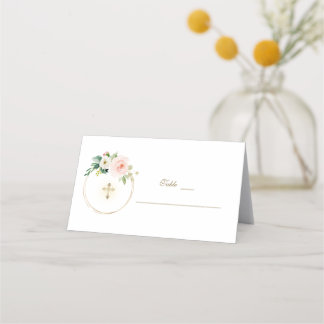 Elegant Pink Flowers Gold Baptism Table Number Place Card