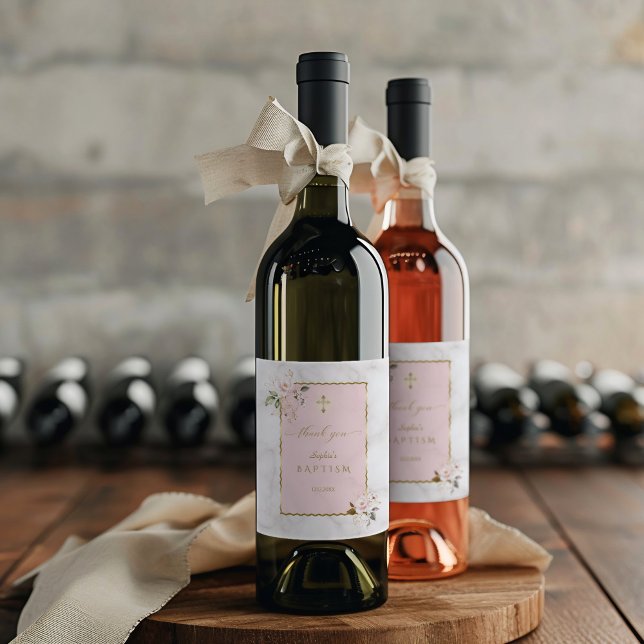 Elegant Pink Flowers Gold Baptism Wine Label (Creator Uploaded)