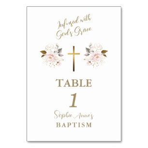 Elegant Pink Flowers Gold Cross Girl Baptism  Table Number