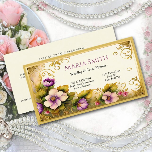 Elegant Pink Flowers Gold Filigree Event Planner  Business Card (Creator Uploaded)
