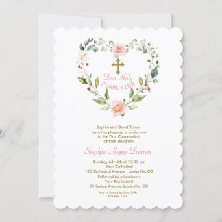 Elegant Pink Flowers Gold First Holy Communion Inv Invitation