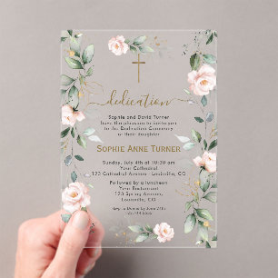 Elegant Pink Flowers Gold Greenery Dedication Acrylic Invitations