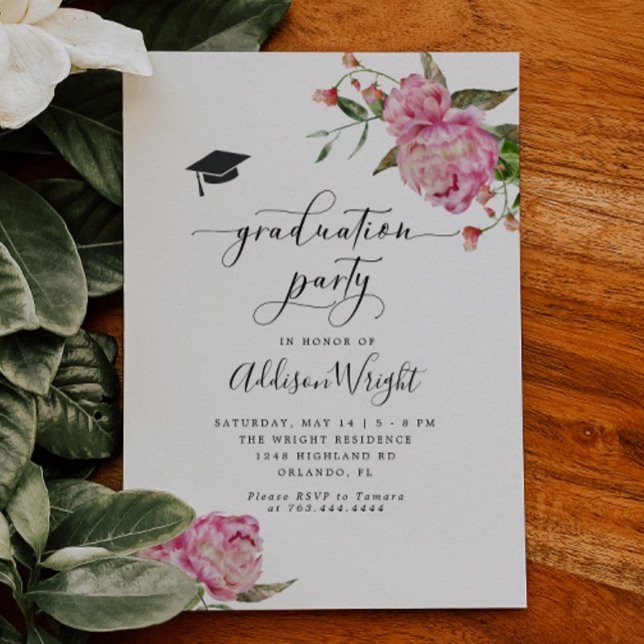Elegant Pink Flowers Graduation Party  Invitation (Creator Uploaded)