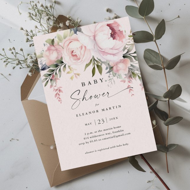 Elegant Pink Flowers Greenery Garden Baby Shower Invitation (Elegant Pink Flowers Greenery Garden Baby Shower Invitation)