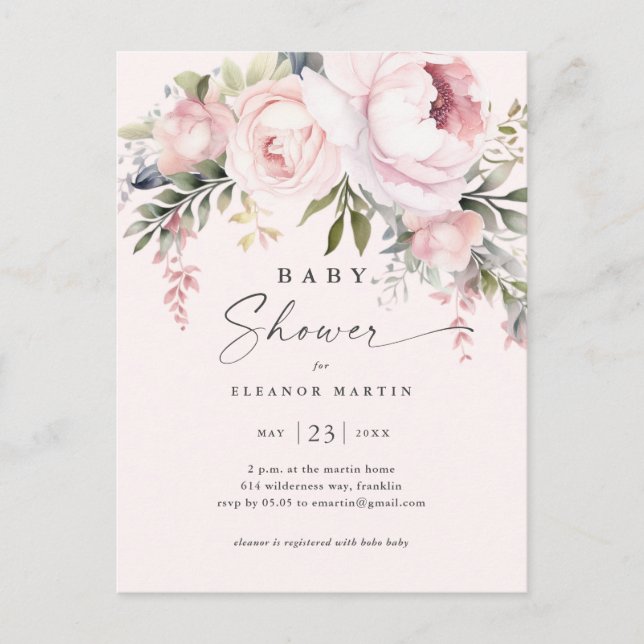 Elegant Pink Flowers Greenery Garden Baby Shower Postcard (Front)