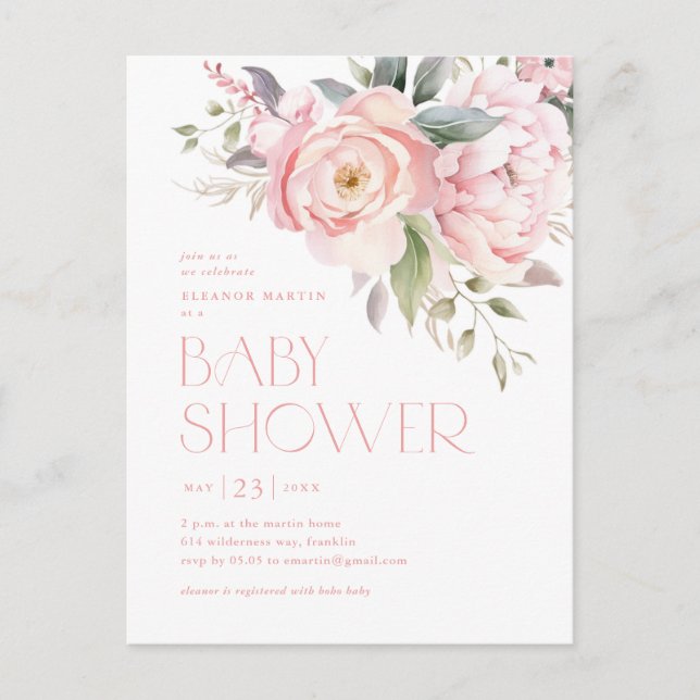 Elegant Pink Flowers Greenery Garden Baby Shower Postcard (Front)