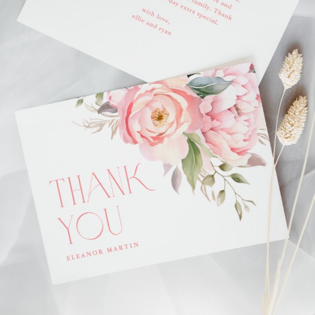 Elegant Pink Flowers Greenery Garden Baby Shower Thank You Card (Elegant Pink Flowers Greenery Garden Baby Shower Thank You Card.)