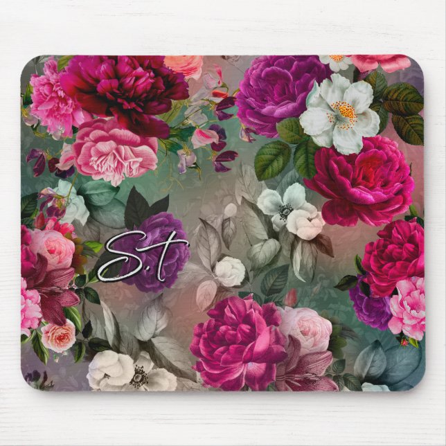 Elegant pink flowers grey monogram mouse mat (Front)