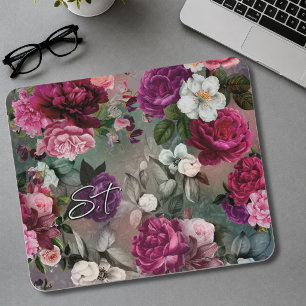 Elegant pink flowers grey monogram mouse mat