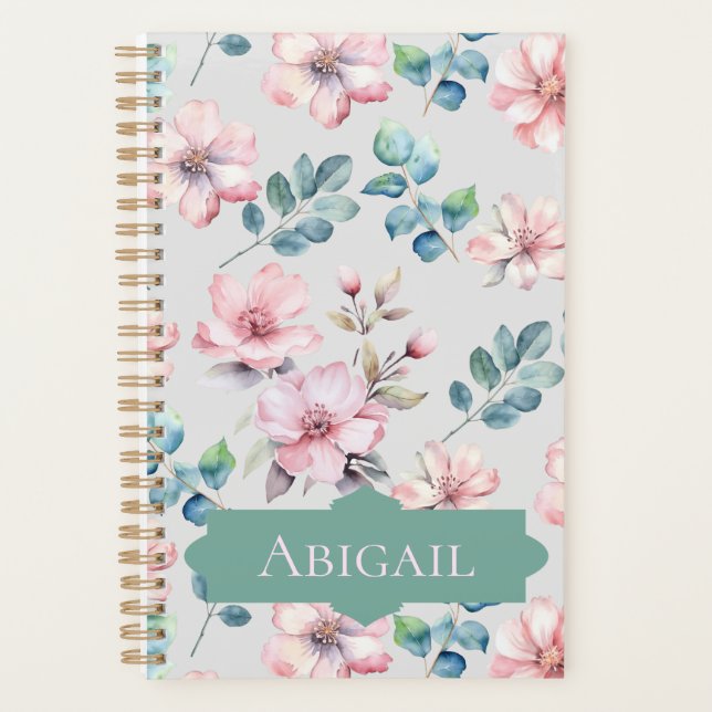 Elegant Pink Flowers Light Grey Planner (Front)