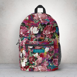 Elegant pink flowers red pattern monogram printed backpack