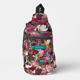 Elegant pink flowers red pattern monogram printed sling bag
