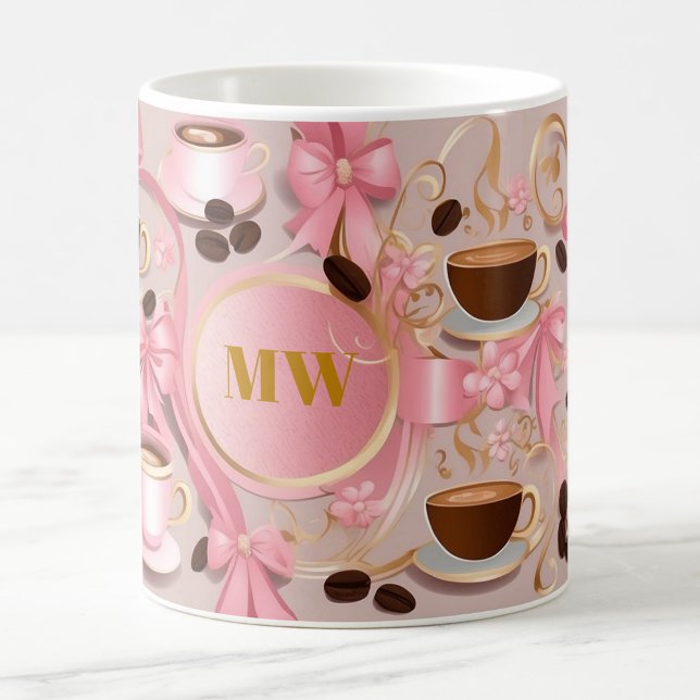 Elegant pink flowers & ribbon custom monogram coffee mug (Creator Uploaded)