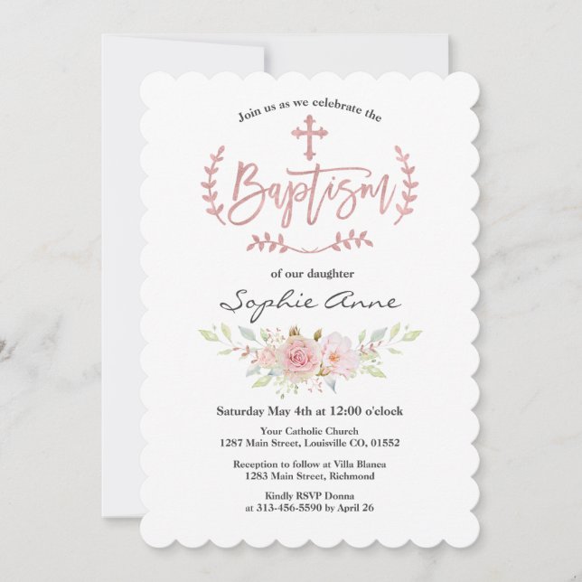 Elegant Pink Flowers Rose Gold Cross Baptism Invitation (Front)