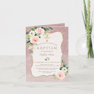 Elegant Pink Flowers Rose Gold Glitter Baptism Holiday Card