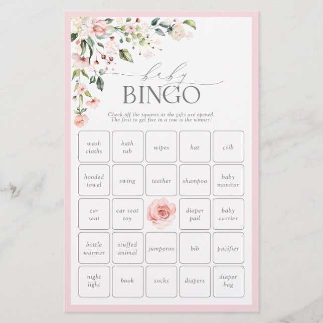 Elegant Pink Flowers Spring Baby Shower Bingo Game (Front)