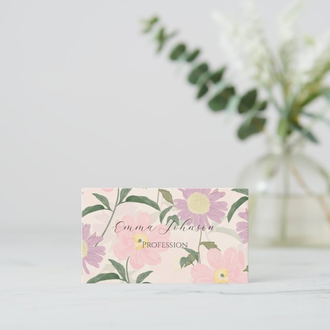 Elegant Pink Flowers Watercolor Boho Floral Business Card (Standing Front)