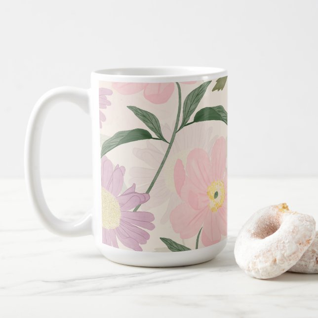 Elegant Pink Flowers Watercolor Boho Floral Coffee Mug (With Donut)