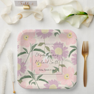 Elegant Pink Flowers Watercolor Boho Floral Paper Plate