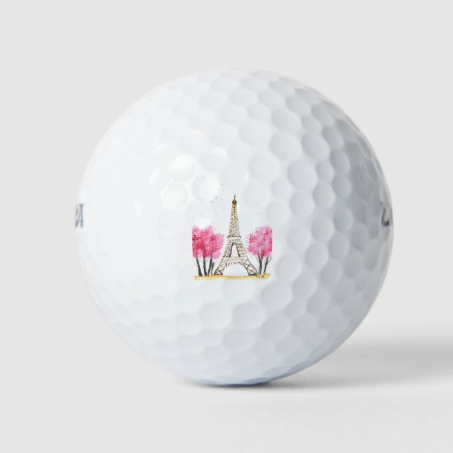 Elegant pink flowers watercolor Eiffel tower Paris Golf Balls (Front)