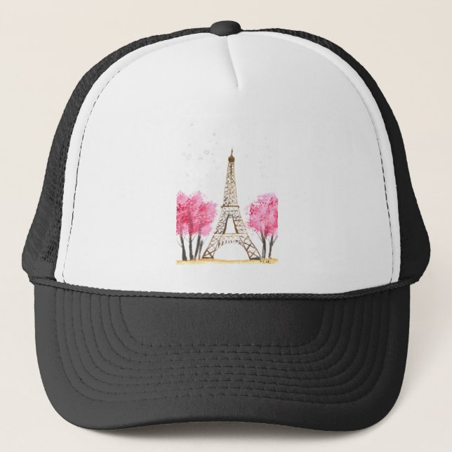 Elegant pink flowers watercolor Eiffel tower Paris Trucker Hat (Front)