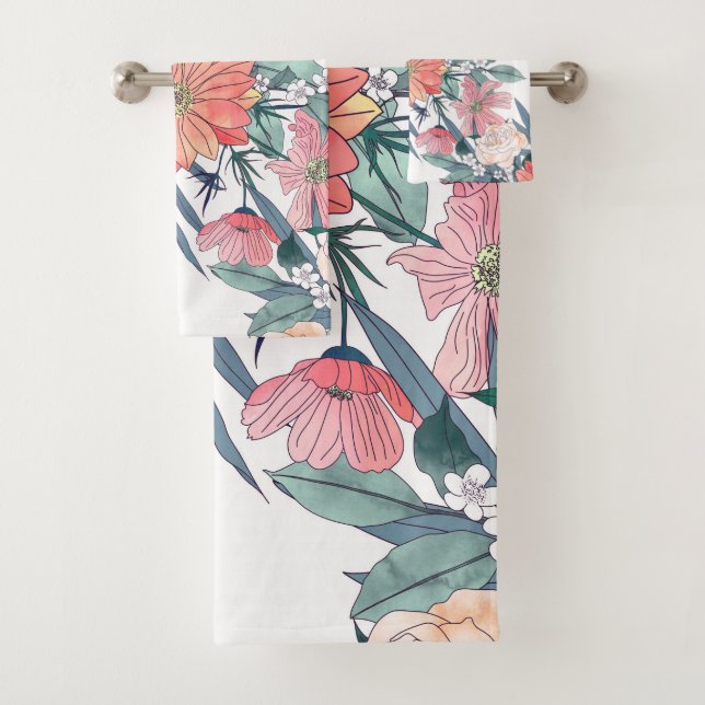 Elegant Pink Flowers Watercolor Floral Bath Towel Set (Insitu)