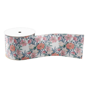 Elegant Pink Flowers Watercolor Floral Grosgrain Ribbon