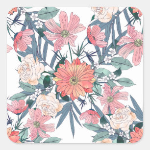 Elegant Pink Flowers Watercolor Floral Square Sticker