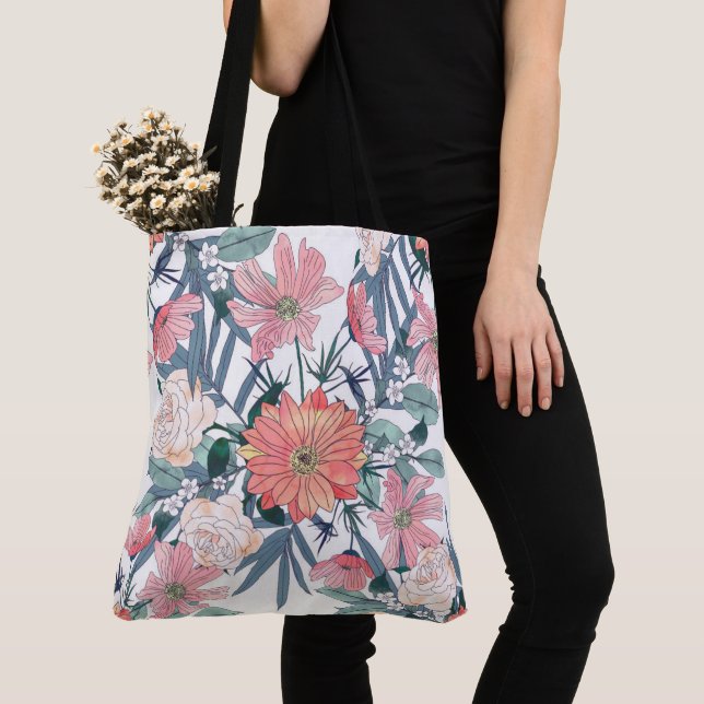 Elegant Pink Flowers Watercolor Floral Tote Bag (Close Up)