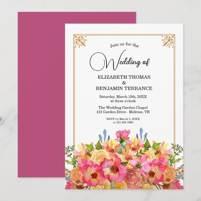 Elegant Pink Flowers Watercolor Gold Wedding  Invitation (Front/Back)